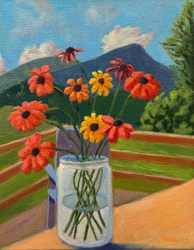 Zinnias in Front of Jump by Dick Fowlkes