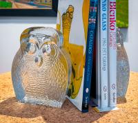 6813 Vintage Solid Glass Owl Bookends, Crystal by Blenko